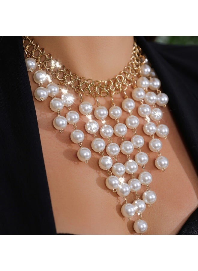 Ucanbe Vintage Pearl Chain Tassel Necklace | Bold Statement Heavy Collarbone Necklace - Image 4